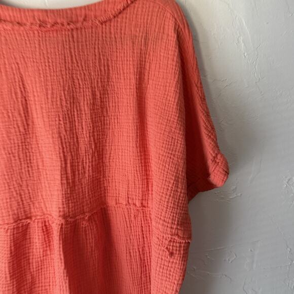 Freckled Poppy Shirt Womens Medium Coral Pink Gauze Textured Pocket Button Top - Picture 6 of 9